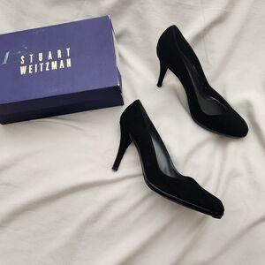 Stuart Weitzman Black Suede Pumps Size 11M w/Shiny Black Trim 4" Heels Orig $395